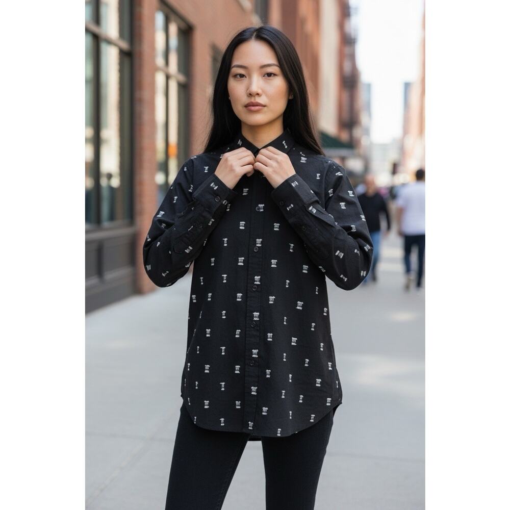 LOFT Women Button Up Shirt Embroidered Size M Aztec Black Relaxed